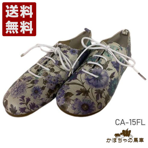 【かぼちゃの馬車 CA-15FL ブルー】フラワー柄の靴紐シューズ